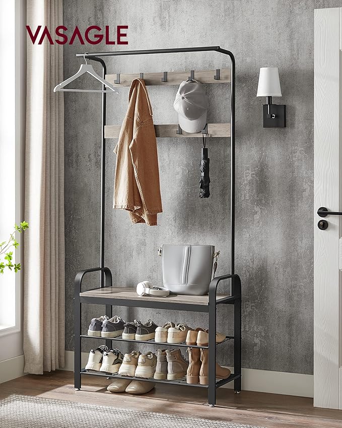 VASAGLE Coat Rack, Hall Tree with Shoe Bench for Entryway, Entryway Bench with Coat Rack, 4-in-1, with 9 Removable Hooks, a Hanging Rod, 13.3 x 33.1 x 72.1 Inches, Greige and Black UHSR400B02