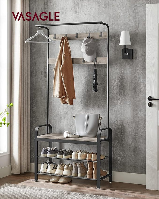 VASAGLE Coat Rack, Hall Tree with Shoe Bench for Entryway, Entryway Bench with Coat Rack, 4-in-1, with 9 Removable Hooks, a Hanging Rod, 13.3 x 33.1 x 72.1 Inches, Greige and Black UHSR400B02