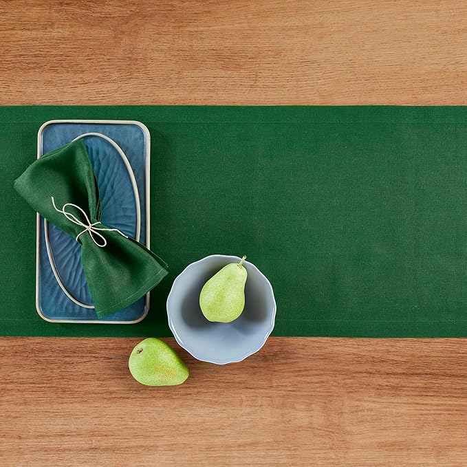 Solino Home Linen Table Runner 36 Inches - 100% Pure Linen Pine Green Table Runner 14 x 36 Inch Ideal for Dresser and Coffee Tables - Fall, Autumn, Christmas, New Year - Fete