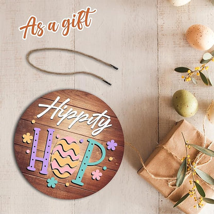 10" Easter Round Wooden Hanging Sign With Sisal Rope - Hippity Hop Wooden Plaque For Front Door, Porch, Outdoor Indoor, Farmhouse Wall Decor Party Favor & Decorations - B05