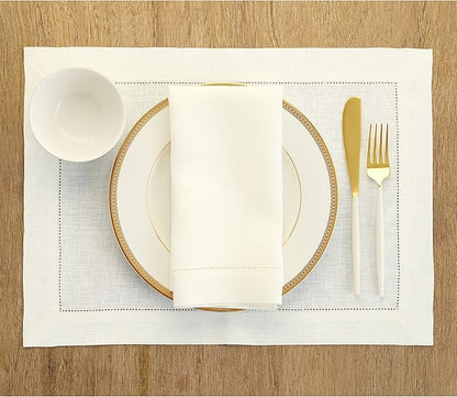 Solino Home Linen Placemats Set of 4 - Classic Hemstitch Ivory Placemats 14 x 19 Inch - 100% Pure Linen Table Mats for Fall, Autumn, Christmas, Holiday, New Year