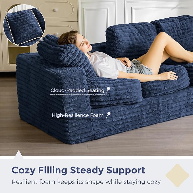 MAXYOYO 3-Seater Boneless Sofa Couch in a Box, Modern Faux Fur Sofa for Living Room, Soft High-Density Foam Couch with Pillows, Fluffy & Supportive Lounge, No Assembly Required, Navy