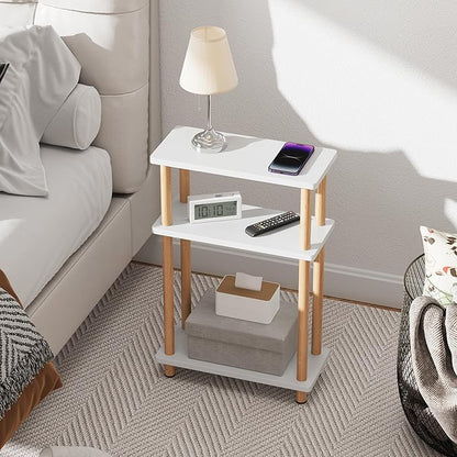 Apicizon 3 Tier End Table, Narrow Side Table with Storage Shelf, Bedroom, Living Room, Entryway, Farmhouse, White and Natural