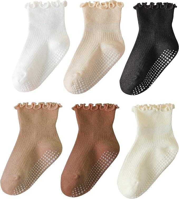 6 Pairs Toddler Ruffle Socks for Girls Baby Grip Socks Non Slip Socks Cute Grippy Frilly