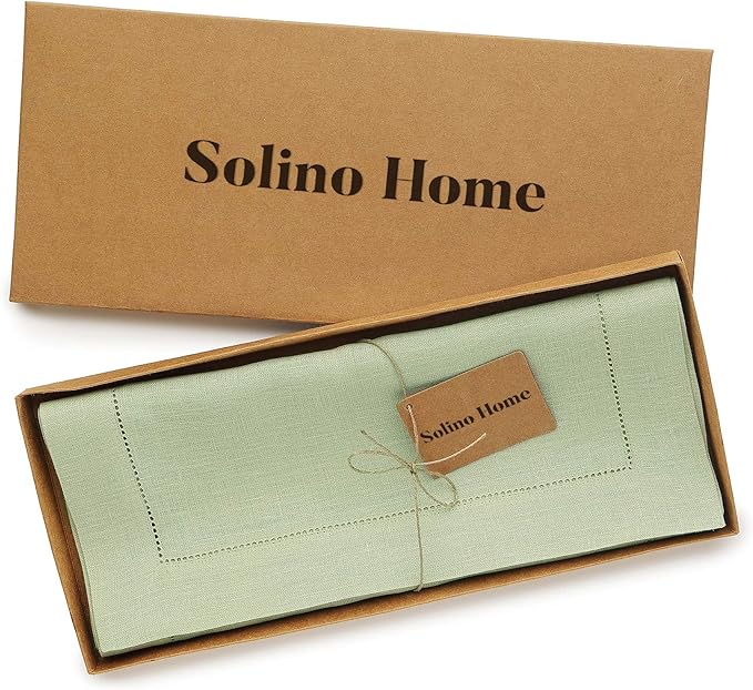 Solino Home Linen Sage Green Table Runner 90 Inches Long - 100% Pure Linen Hemstitch 14 x 90 Inch Table Runner for Dining, Fall, Autumn, Christmas, New Year - Classic Hemstitch