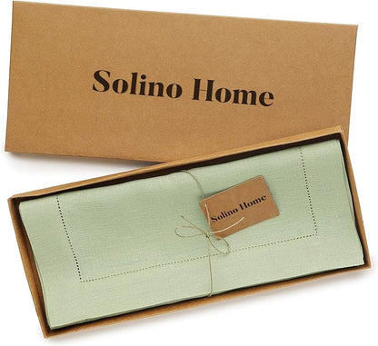 Solino Home Linen Sage Green Table Runner 90 Inches Long - 100% Pure Linen Hemstitch 14 x 90 Inch Table Runner for Dining, Fall, Autumn, Christmas, New Year - Classic Hemstitch