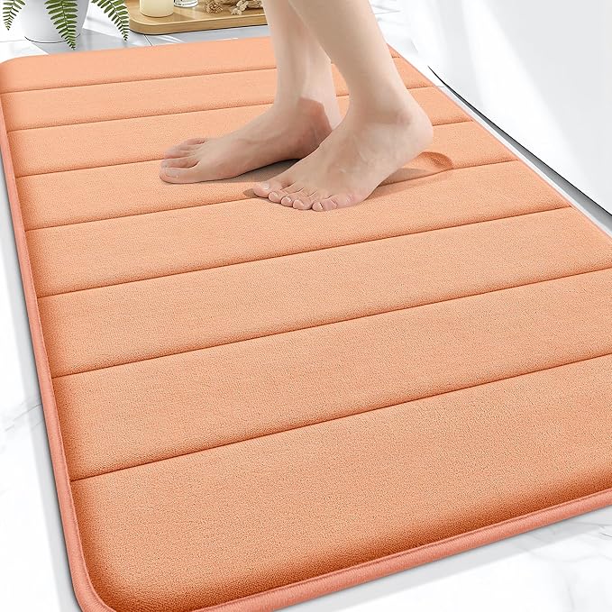 OLANLY Memory Foam Bath Mat 34x21, Super Soft Absorbent Bathroom Rugs, Quick Dry, Machine Washable Shower Floor Rugs, Bathmat Carpet, Bathroom Home Decor Accessories, Peach