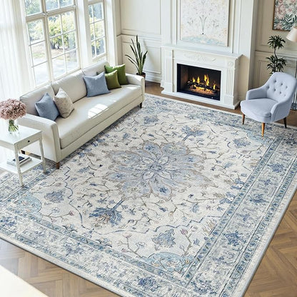Area Rugs 9'x12' Washable Non-Slip, Floral Vintage Distress Print Pattern Medallion Carpet for Living Room Bedroom Dining Room, Light Blue Navy Beige Gray White