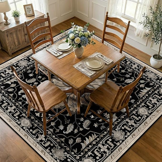 Area Rugs Square 7ft Washable Non-Slip, Floral Vintage Distress Print Pattern Medallion Carpet for Living Room Bedroom Dining Room, Black Brown Neutral Dark Tan