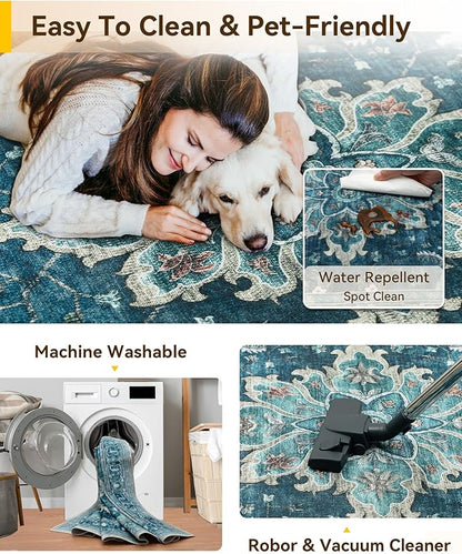 Area Rugs 6'x8' Washable Non-Slip, Floral Vintage Distress Print Pattern Medallion Carpet for Living Room Bedroom Dining Room, Teal Green Lake Blue Turquoise