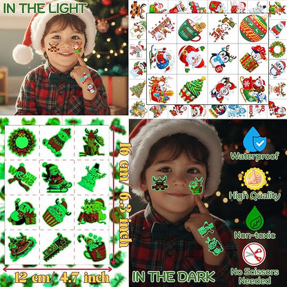 Luminous Christmas Temporary Tattoos - 60Pcs Christmas Decorations Xmas Party Decorations Party Favors Supplies Accessories Goodie Bags Decor Winter Reindeer Santa Claus Gift Idea For Kids Youth Adult