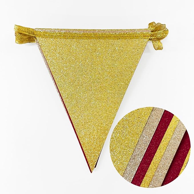 Maroon Gold Party Pennant Banner Flag Burgundy Champagne Gold Triangle Hanging Glitter Paper Bunting for Birthday Graduation Baby Shower Bridal Shower Wedding Bachelorette Engagement Party Decorations