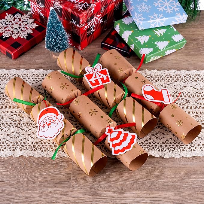 JOYIN 8 Pcs 10” Christmas Non-Snap Party Table Favor with Classic Design, with Party Hat, Joke & Little Gift Inside, for Xmas Gift, Christmas Seasonal Holiday Dinner Traditions