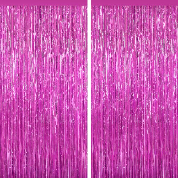 Hot Pink Tinsel Backdrop Foil Fringe Curtains - 2 Packs Door Streamers Backdrop for Birthday Door Decorations, Party Supplies for Bachelorette, Graduation, Christmas, Disco Decor