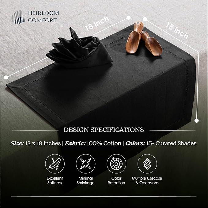 Black Cloth Napkins Set of 6, 18 x 18 Inch - 100% Cotton, Soft, Durable, Absorbent, Reusable, Washable - Hemstitch Mitered Edges - Ideal for Dinner, Weddings, Formal Events, Everyday