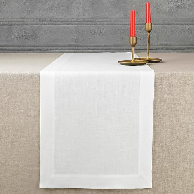 D'Moksha Homes Linen White Table Runner 84 Inches Long - 100% Pure Linen 14 x 84 Inch Table Runner for Dining, Winter, Christmas, Holiday - Machine Washable