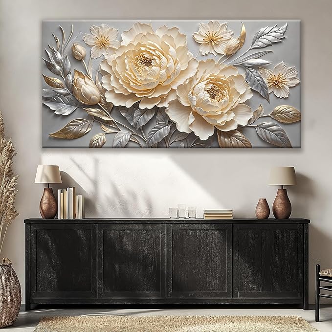 Large Canvas Art Wall Decor Print Silver White Flowers Wall Art Picture Modern Landscape Artwork Painting Home Wall Decor Picture For Bedroom Living Room Home Office Prints Artwork 29" X 58"