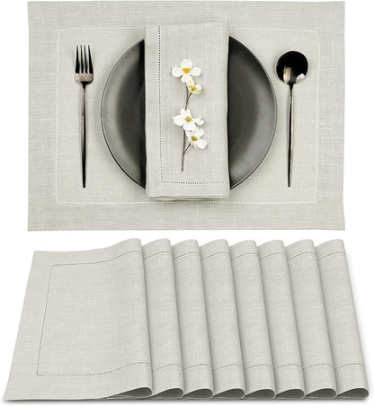 D'Moksha Homes Silver Grey Linen Cloth Placemats Set of 8-100% Pure Linen Hemstitch Placemats 14 x 19 Inch - Classic Hemstitch Table Place Mats for Christmas - Handcrafted and Machine Washable