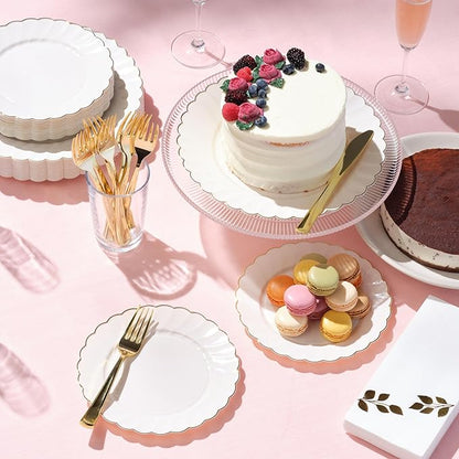 By Madee HEAVYWEIGHT 100 Pc Ivory Scalloped Plastic Plates for Party with Gold Trim | 50 Dinner & 50 Dessert Party Plates | Elegant Fancy for Wedding, Bridal Showers Special Moments (50 Guests)