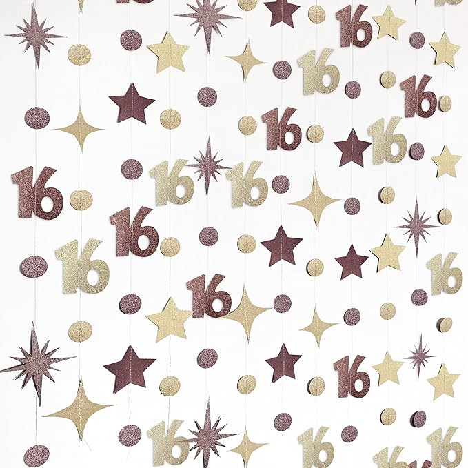 Champagne Gold Brown 16th Birthday Decorations Number 16 Circle Dot Star Garland Streamer Banner Backdrop for Girls Boys Sweet Sixteen Cheers to 16 Years Old Happy 16th Birthday Party Supplies