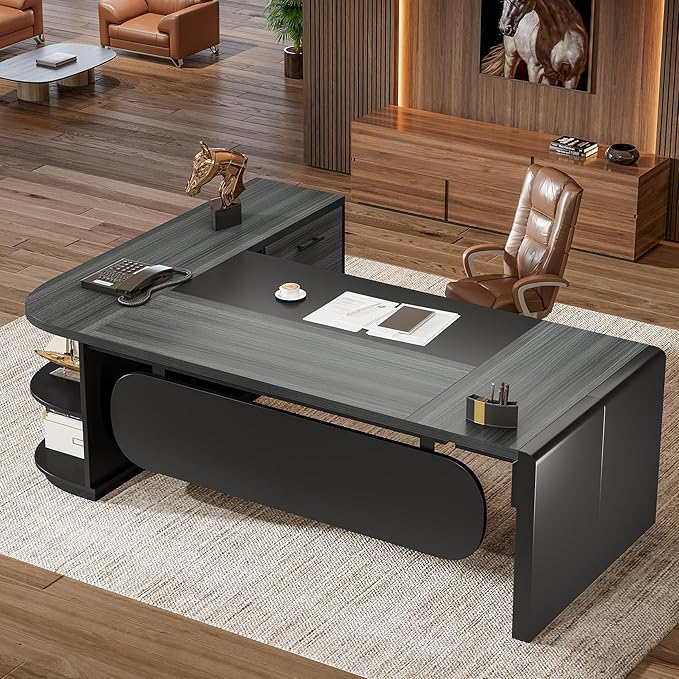 Tribesigns 80'' L-Shaped Desk Set of 6, Large Executive Office Desk with 55'' Drawers Cabinet, Modern Computer Table with Storage Shelves, Business Furniture for Office, Grey