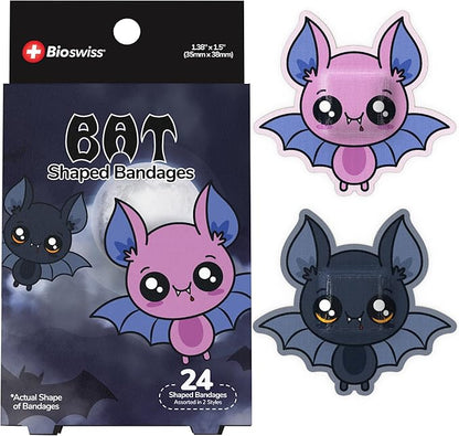 BioSwiss Kids Bandages, Halloween Bat Shaped Self Adhesive Bandage Set, Latex Free, Sterile Wound Care, 24 Count