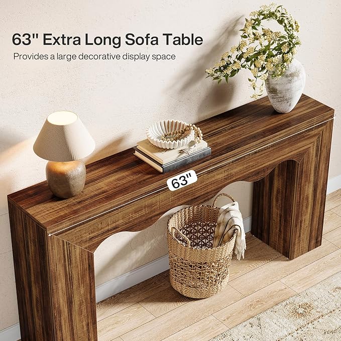 Tribesigns 63" Farmhouse Console Table, Wooden Couch Table Behind Sofa with Storage, Long Entryway Sofa Station, Narrow Console Stand with Base, Hallway Stand for Entryway (1, Rustic Brown)