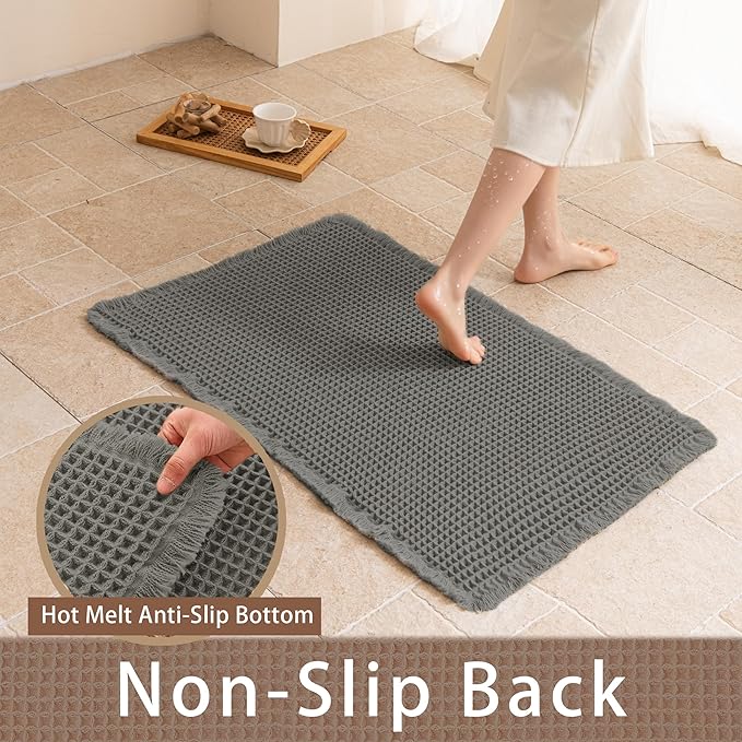 Waffle Runner Rug Non Slip, Boho Bath Mat, Super Absorbent Quick Dry Long Bath Runner Bathroom, Soft Farmhouse Bath Rug with Tassels, Washable Shower Mats for Floor 24"x72", Dark Grey