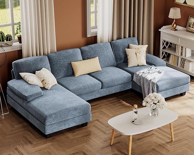 Furmax Sectional Couches for Living Room, U-Shaped Sofa Couch with Linen Fabric, 4 Seat Sofa Set with Double Chaise for Apartment (Fabric, Light Blue)