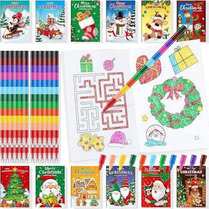 BenLouis 24 Christmas Mini Coloring Books Kids with 24 Stacking Crayons Xmas Theme Party Favors Activity Books Bulk for Kids Holiday Birthday Goodie Bag Gift Stuffer Classroom Reward