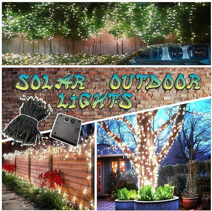 OZS 2PK 240LED Solar Sring Lights Outdoor Waterproof, Solar Christmas Lights for Outside, Green Wire Tree Electric Holiday Light with 8 Lighting Modes for Christmas Decorations(Cool White)