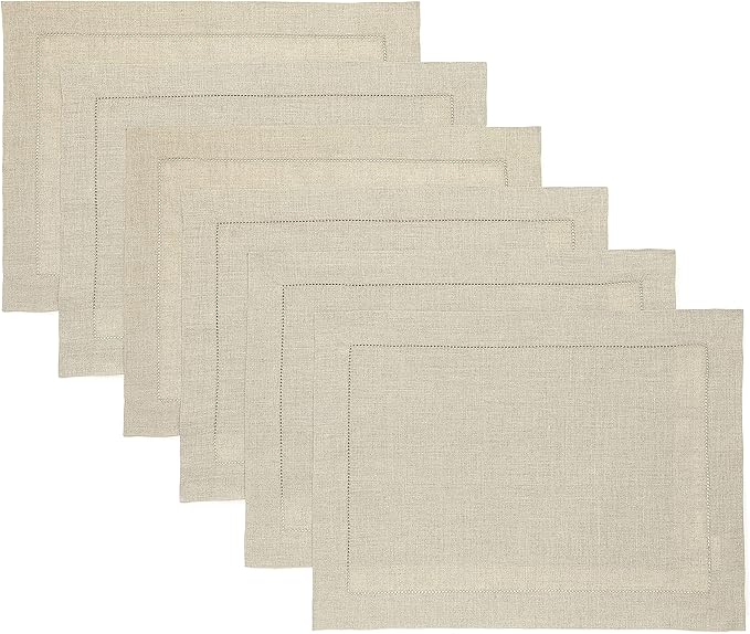 Solino Home Linen Placemats Set of 6 - Classic Hemstitch Natural Placemats 14 x 19 Inch - 100% Pure Linen Table Mats for Fall, Autumn, Christmas, Holiday, New Year