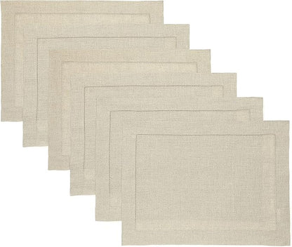 Solino Home Linen Placemats Set of 6 - Classic Hemstitch Natural Placemats 14 x 19 Inch - 100% Pure Linen Table Mats for Fall, Autumn, Christmas, Holiday, New Year
