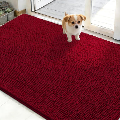 OLANLY Dog Door Mat for Muddy Paws 48x30, Absorbs Moisture and Dirt, Absorbent Non-Slip Washable Doormat, Quick Dry Chenille Mud Mat for Dogs, Entry Indoor Entryway Carpet for Inside Floor, Red
