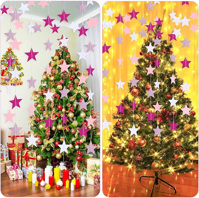 Patelai Glitter Star Garland Banner Christmas Decoration 130 Feet Star Hanging Bunting Banner Twinkle Backdrop for Homecoming Classroom Wedding Birthday Halloween Supplies(Pink,Rose Red,White)