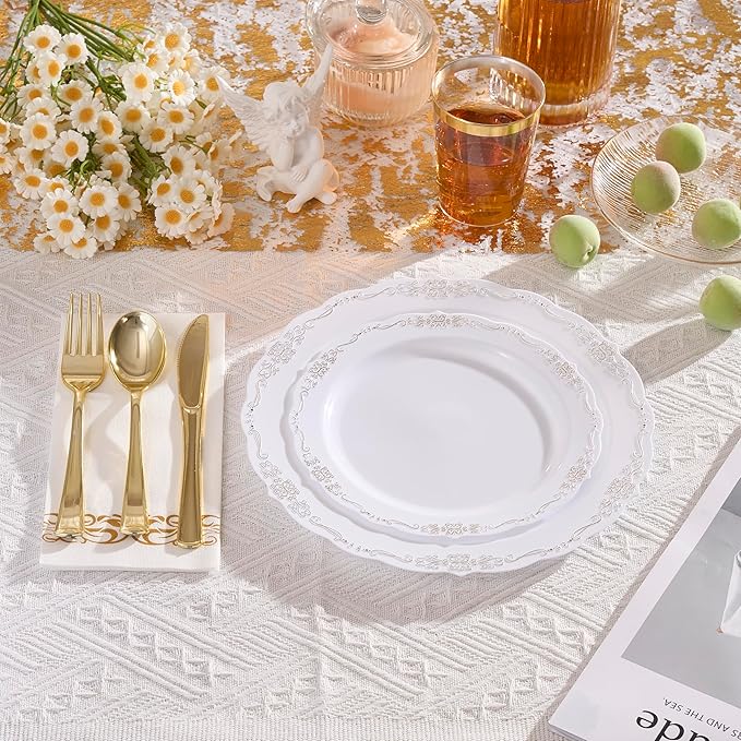 350 PCS White and Gold Disposable Plates, Elegant Dinnerware Set for 50 Guests, 100 Plastic Plates, 150 Silverware, 50 Cups & 50 Paper Napkins, White and Gold
