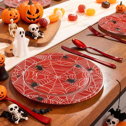 WELLIFE 20PCS Spider Web Party Plates – Red Plastic Dinner & Dessert Plates (10×9.2" + 10×6.3") for Kids Birthday, Spider Theme Parties & Superhero Party Supplies