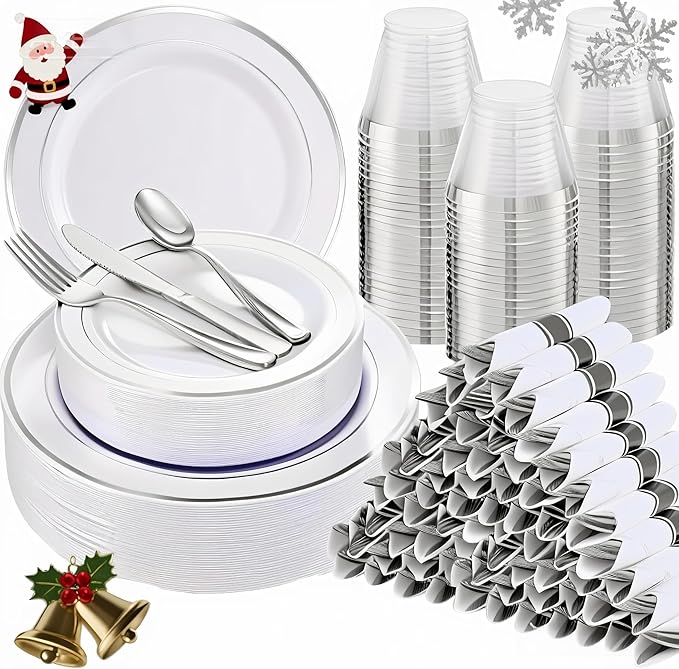 WELLIFE 700 Pcs Silver Plastic Plates for 100 Guests - Christmas Party Supplies Includes 200 Plastic Plates,300 Silver Silverware,100 Napkins,100 Cups for Party,Disposable Dinnerware Set