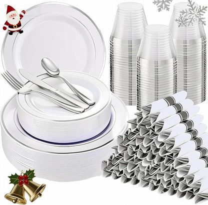 WELLIFE 700 Pcs Silver Plastic Plates for 100 Guests - Christmas Party Supplies Includes 200 Plastic Plates,300 Silver Silverware,100 Napkins,100 Cups for Party,Disposable Dinnerware Set