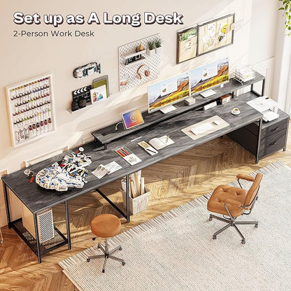 PRAISUN 66" L Shaped Gaming Desk with LED Lights & Power Outlets, Computer Desk with Fabric Drawers and Print Stand, Corner Office Desk, Monitor Stand, Mesh CPU Stand, Grey