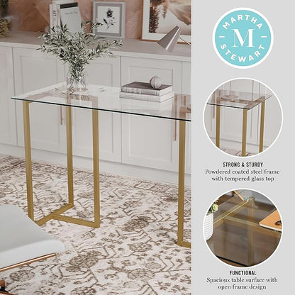 Martha Stewart Eli Home Office Desk with Glass Top and Steel Frame, Polished Brass