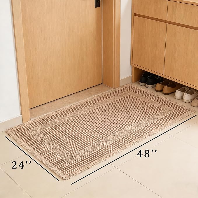 Waffle Bath Mat Non Slip, Boho Runner Rug, Super Absorbent Quick Dry Long Bath Runner Bathroom, Soft Farmhouse Bath Rug with Tassels, Washable Shower Mats for Floor 24"x48", Square Brown