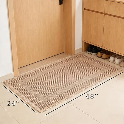Waffle Bath Mat Non Slip, Boho Runner Rug, Super Absorbent Quick Dry Long Bath Runner Bathroom, Soft Farmhouse Bath Rug with Tassels, Washable Shower Mats for Floor 24"x48", Square Brown