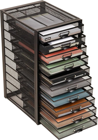 Mind Reader 10-Drawer Desk Organizer for Office Supplies, Crafts, Mail Sorting & More, Metal Mesh, 10.75"L x 14"W x 21.25"H, Black