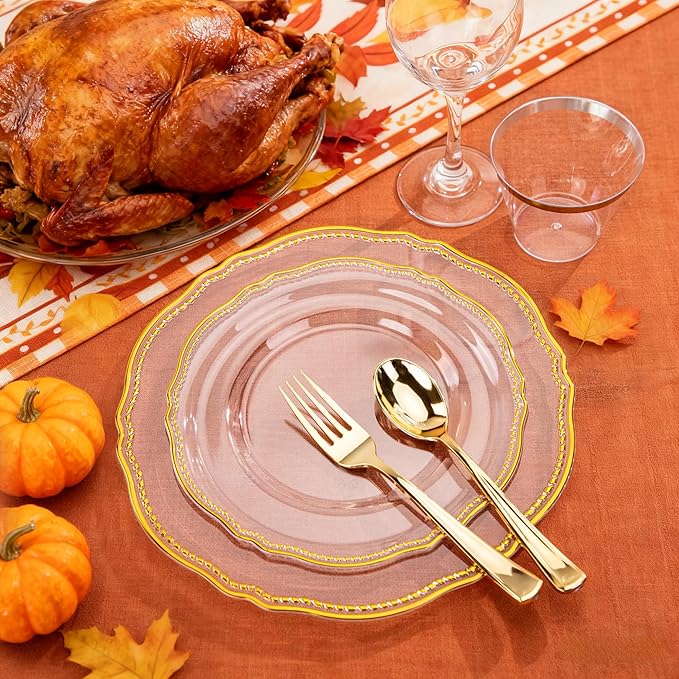 Hioasis 350pcs Clear Gold Plastic Plates - Gold Plastic Dinnerware Set Includes 50 Dinner Plates, 50 Dessert Dinnerware, 50 Cups, 50 Rolled Napkin Cutlery Perfect for Wedding & Party