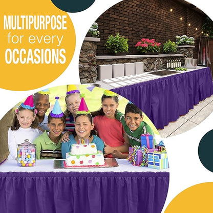 Exquisite Ruffle Table Skirt Purple 6 Pack 14 Ft Long for Rectangle 6ft Plus or Round Tables With Adhesive Strip for Gender Reveal Decor & Happy Birthday Parties
