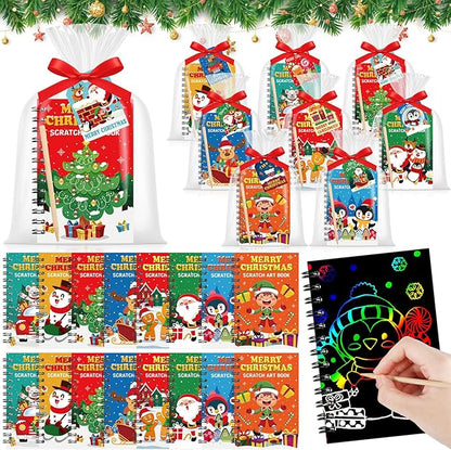 Funrous 24 Pack Christmas Scratch Crafts Gifts Christmas Rainbow Scratch Art Notebooks Bulk Xmas Party Favors Stocking Stuffers Coloring Books for Xmas Gift Birthday Party Activities Supplies