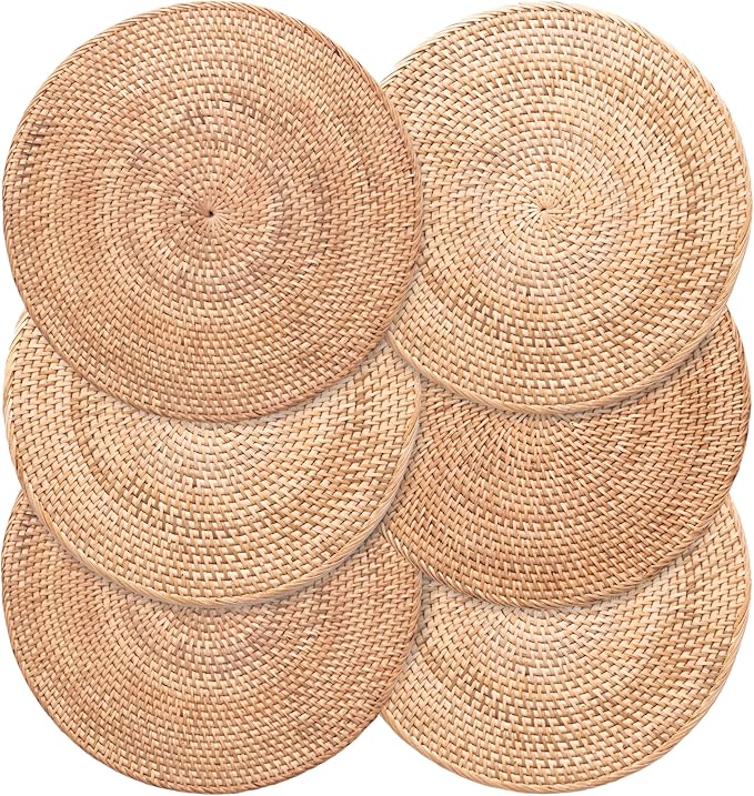 6-Pack Rattan Placemats - 13-inch Round Placemats (Natural Rattan Color) - Woven Place Mats, Round Table Mats - Wicker Chargers for Dinner Plates, Plate Chargers Boho - Kitchen Table Decor