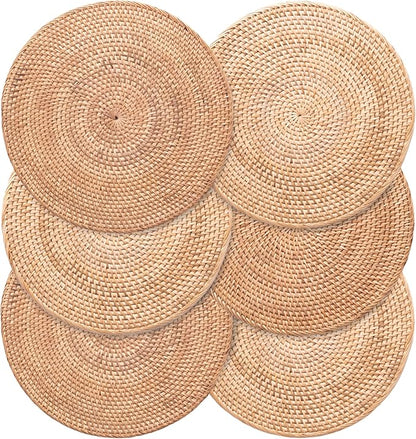 6-Pack Rattan Placemats - 13-inch Round Placemats (Natural Rattan Color) - Woven Place Mats, Round Table Mats - Wicker Chargers for Dinner Plates, Plate Chargers Boho - Kitchen Table Decor