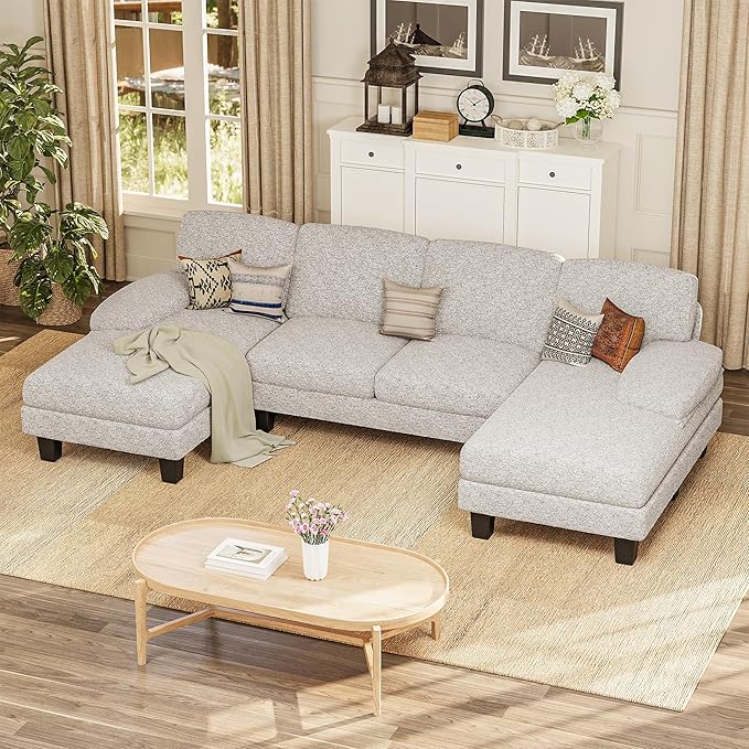 Furmax Sectional Couches for Living Room, U-Shaped Sofa Couch with Linen Fabric, 4 Seat Sofa Set with Double Chaise for Apartment (Loop Yarn, Pearl Gray)